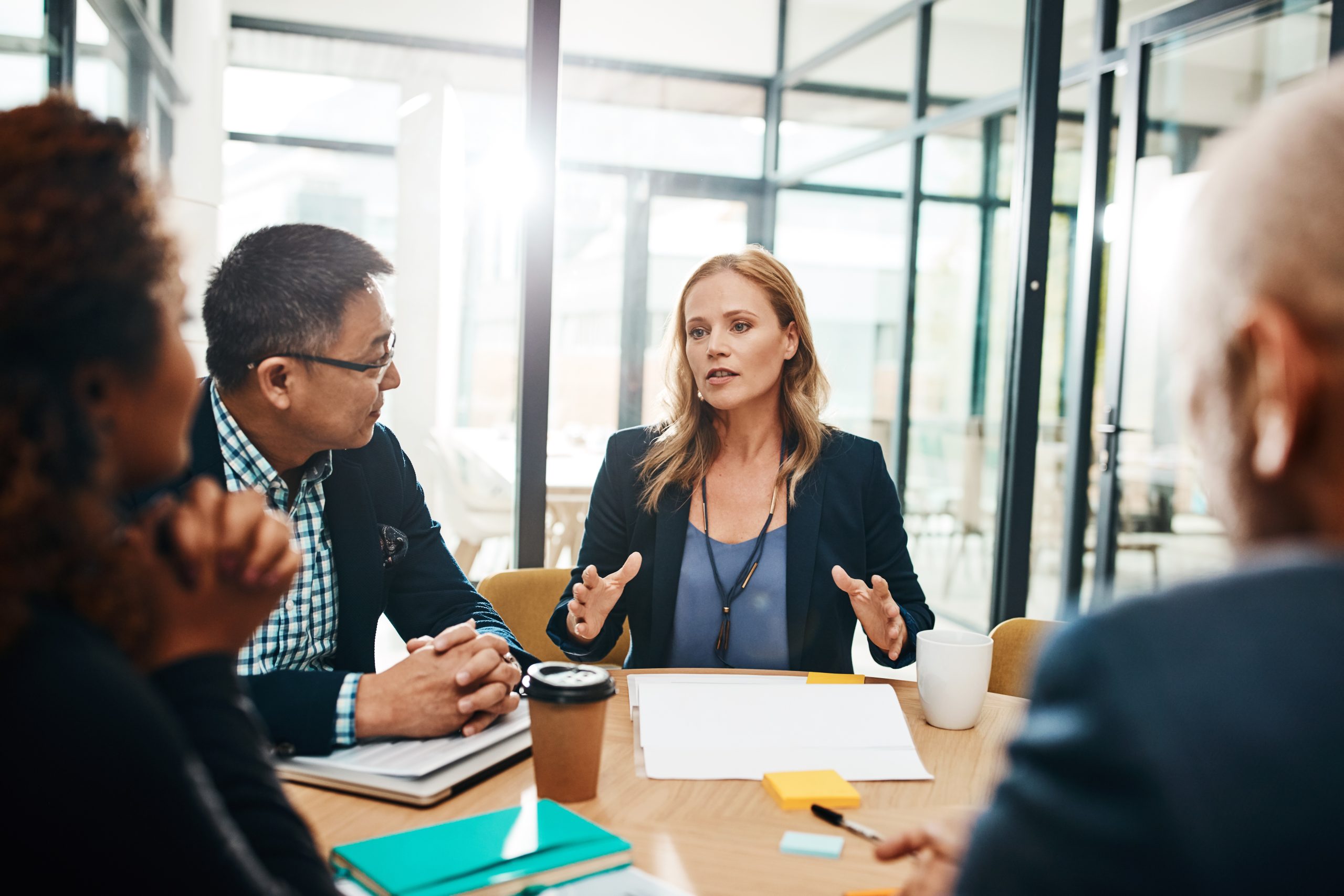 Financial paperwork, planning or business people in meeting for budget strategy, profit or sales increase. Team, research or woman talking to investors for finance review or growth report documents.
