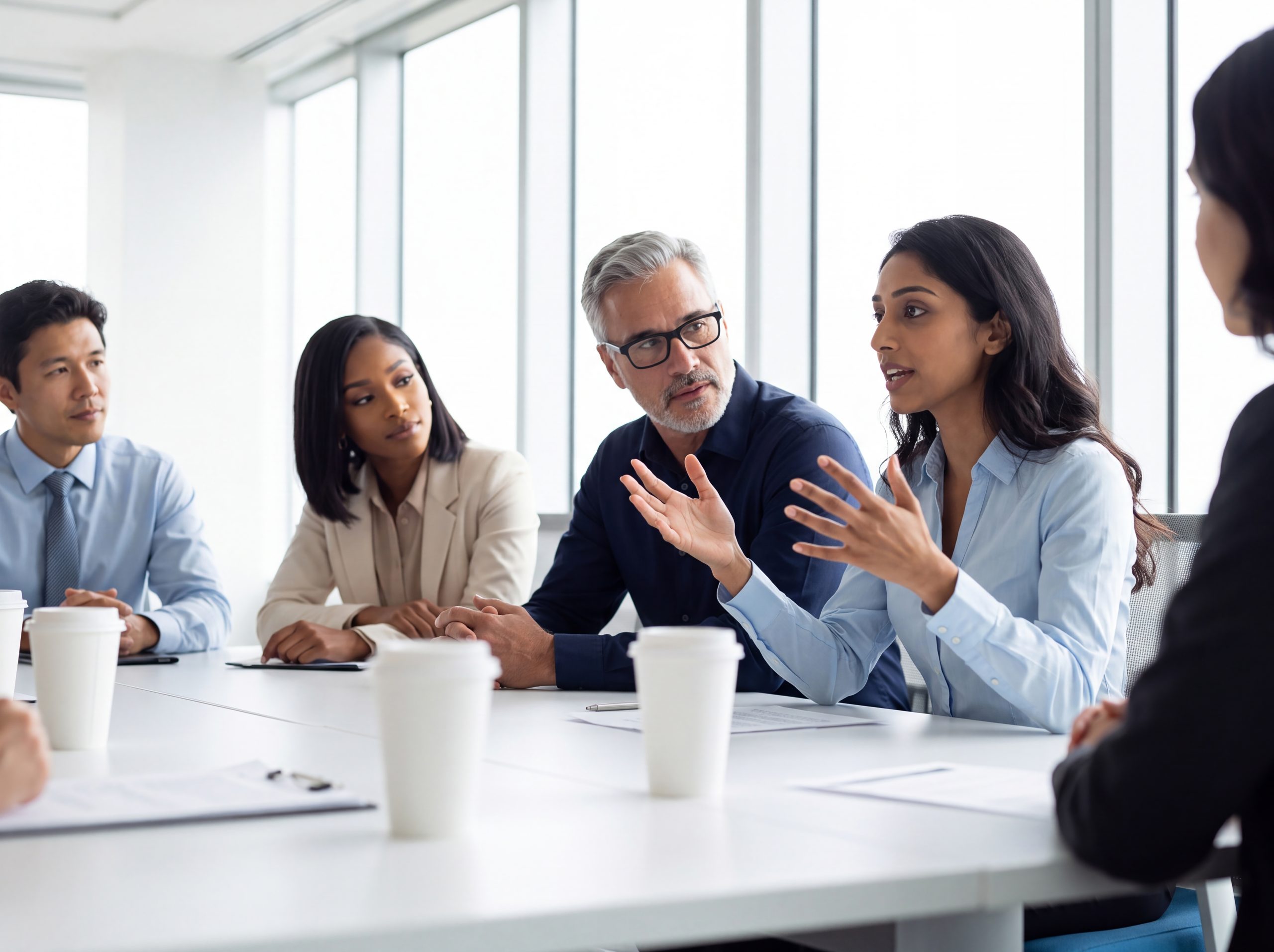 A diverse leadership team engaged in an interactive discussion in a modern office meeting room.